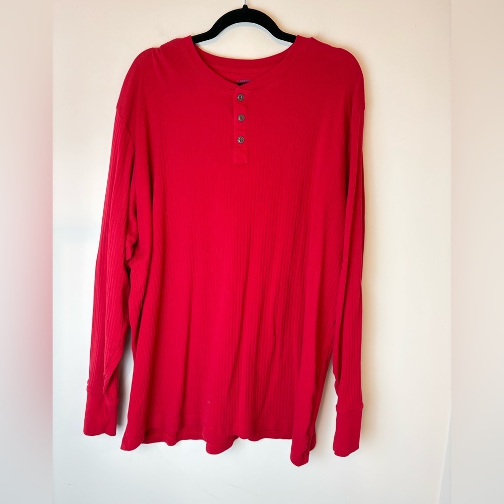 Lands End T Shirt Mens Red Ribbed Cotton Henley Long Sleeve Men’s Size XXL